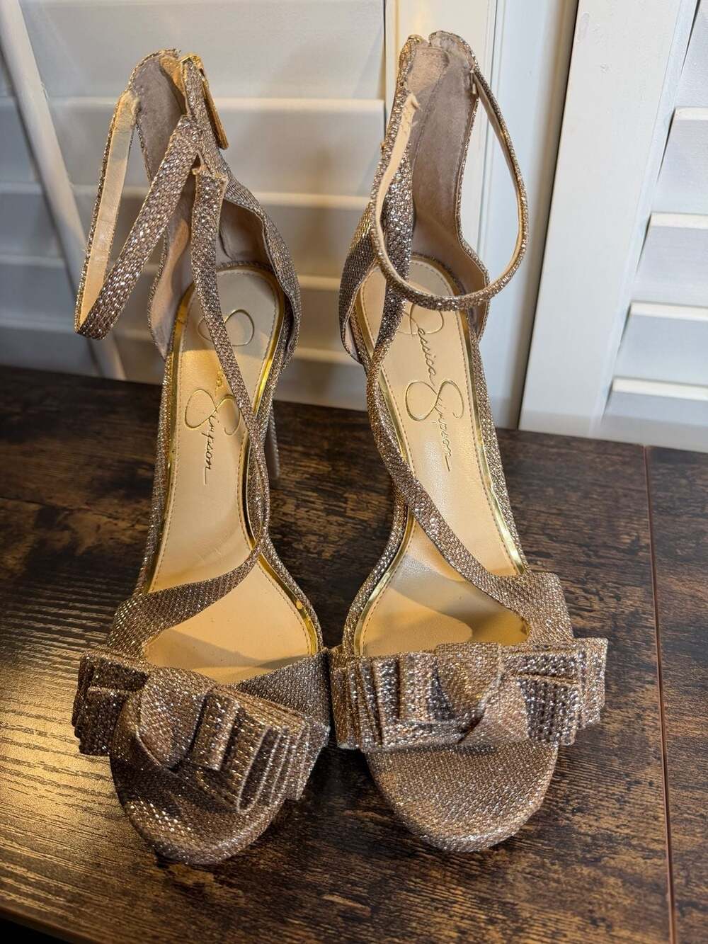 Jessica Simpson Womens Gold Glitter Bow Stiletto Ankle Zip Heels Size 8